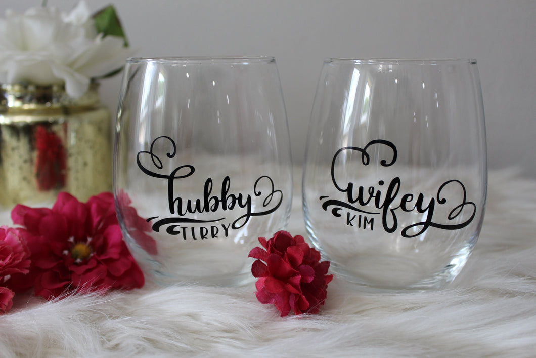 Personalized Stemless Couple's Wine Glasses